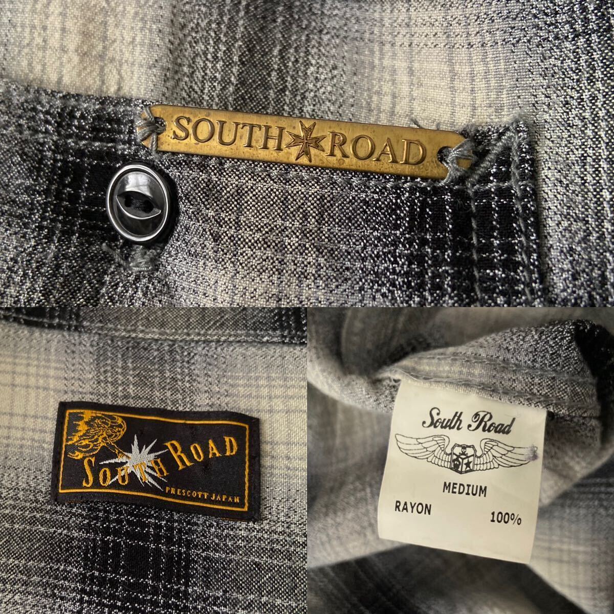 日本製 SOUTH ROAD サウスロード オンブレ チェック レーヨン100% オープンカラー 開襟 長袖 シャツ M 白黒 トップス 50s 60s 70s メンズ_画像5