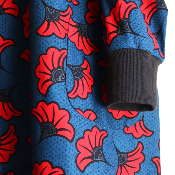 アフリカン柄 襟リブ ワンピース 綿100％ ポケット付き ネイビー×レッド 花柄 フラワー 大きいサイズ ハンドメイドの画像9