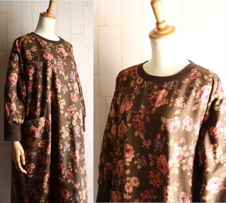 ローズ柄 襟リブ ワンピース 綿100％ ポケット付き ブラウン 薔薇 花柄 フラワー 大きいサイズ ハンドメイドの画像3