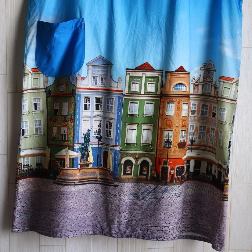 丸襟ギャザーワンピース ポケット付き 青空とヨーロッパの街並み ブルー 大きいサイズ ハンドメイド_画像6