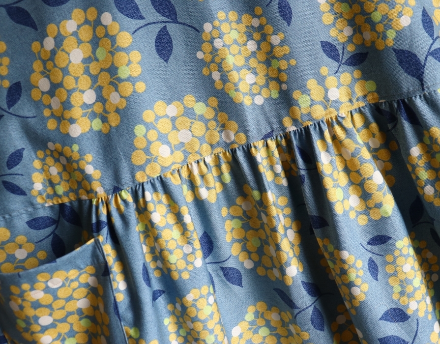 紫陽花 ギャザー切り替え ワンピース ポケット付き ブルー×イエロー ハンドメイドの画像7