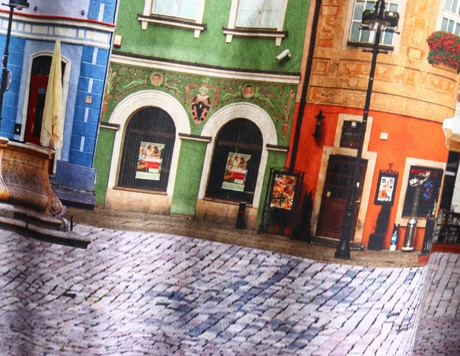 丸襟ギャザーワンピース ポケット付き 青空とヨーロッパの街並み ブルー 大きいサイズ ハンドメイドの画像7