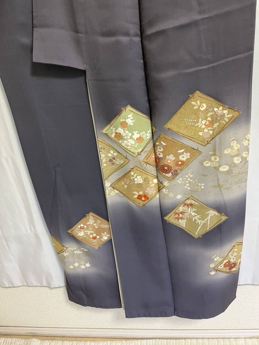  color tomesode silk gold paint gold piece . bokashi branch plum bamboo .. three . attaching blue grey ground kimono Japanese clothes Japanese clothes kimono ko-te remake . general merchandise shop high class 