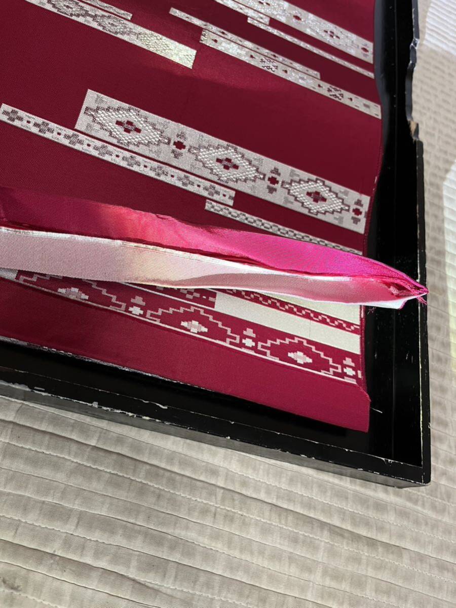 帯 正絹 博多織 菱形 横縞 全通 赤紫色地 着物 和服 和装 着物コーデ リメイク 衣装 百貨店 高級の画像3
