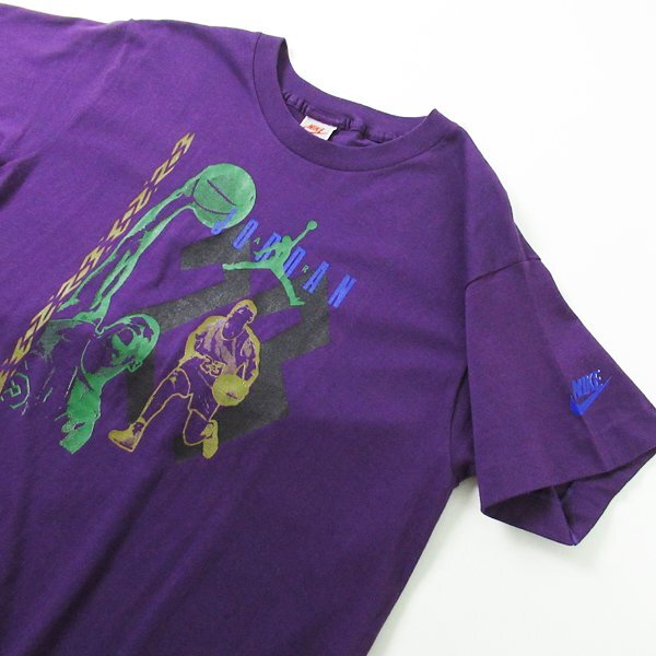 r4a053103★90s USA製 NIKE ナイキ 90年代 シルバータグ AIR JORDAN エアジョーダン プリント Tシャツ 紫系 メンズ XL_画像2