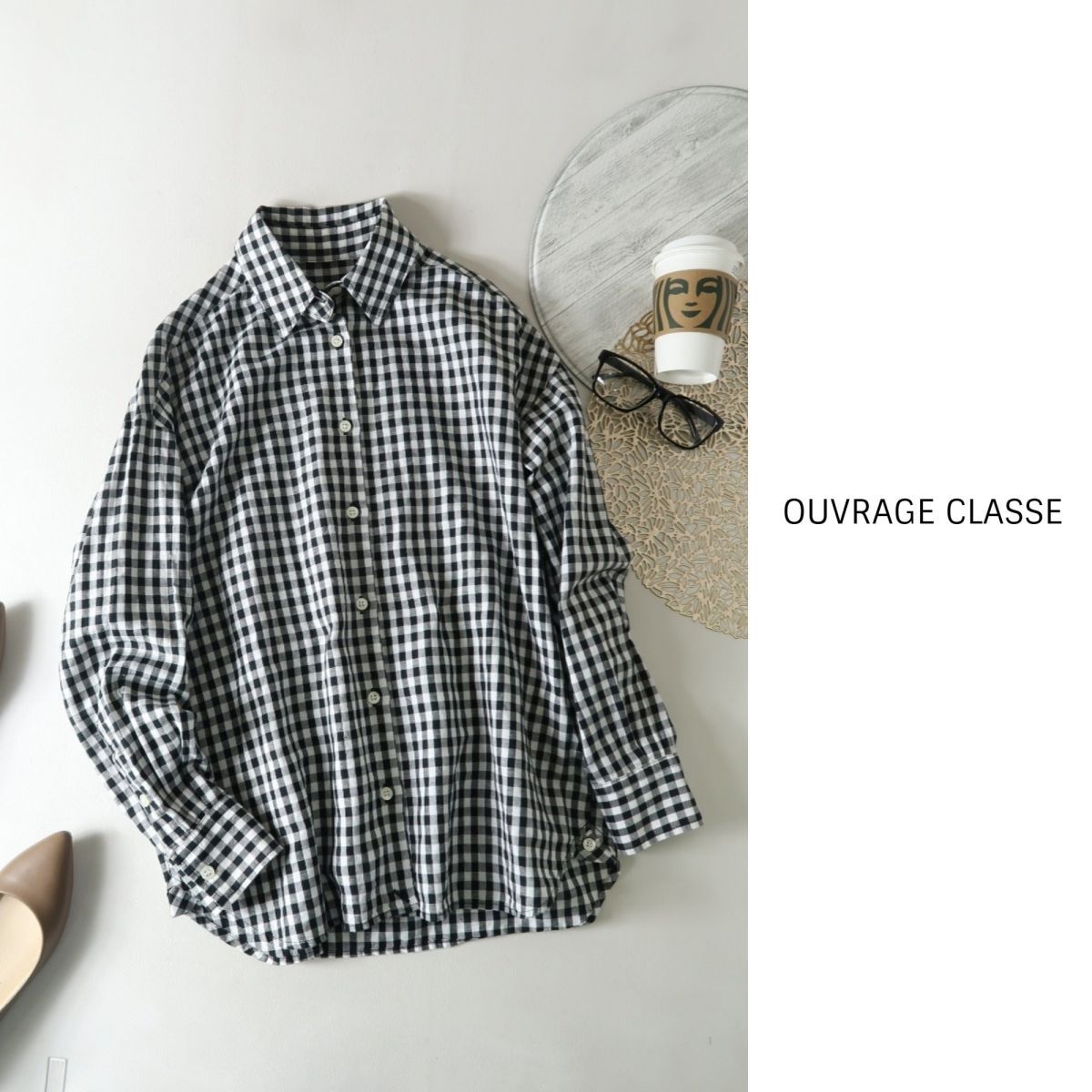 超美品☆ウヴラージュクラス OUVRAGE CLASSE☆洗える 綿麻 ギンガムチェック 2WAYシャツ 38サイズ 日本製☆A-O 2465の画像1