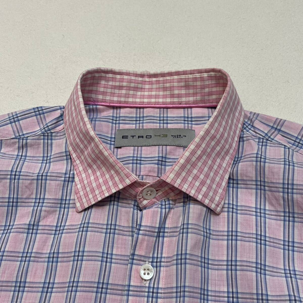 【 ETRO 】 希少 イタリア 製 チェック 柄 クレリック シャツ 43 L ビッグ サイズ ピンク l/s shirt エトロ_画像4