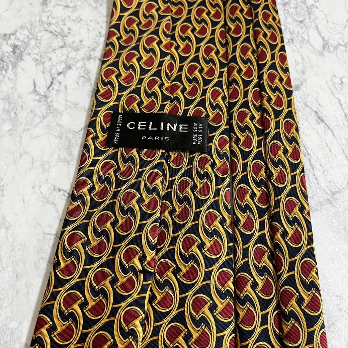 1円 1スタ CELINE セリーヌ 美品 ブランドネクタイ 超高級 ビジネススーツ マルチカラー 総柄 メンズ ネイビー 赤 黄色 ハイブランド _画像5