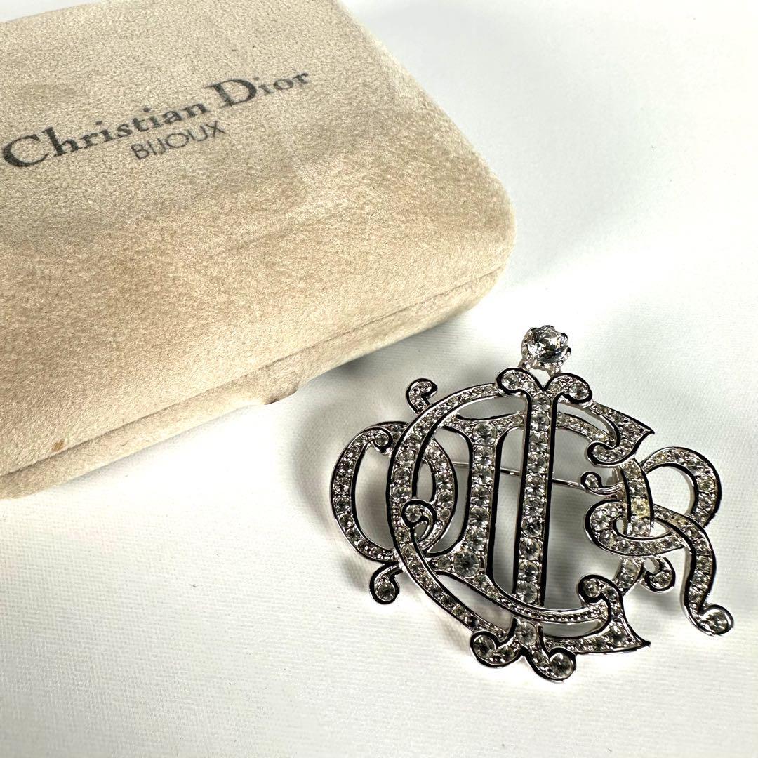 Christian Dior emblem rhinestone brooch silver Christian Dior biju- Logo 