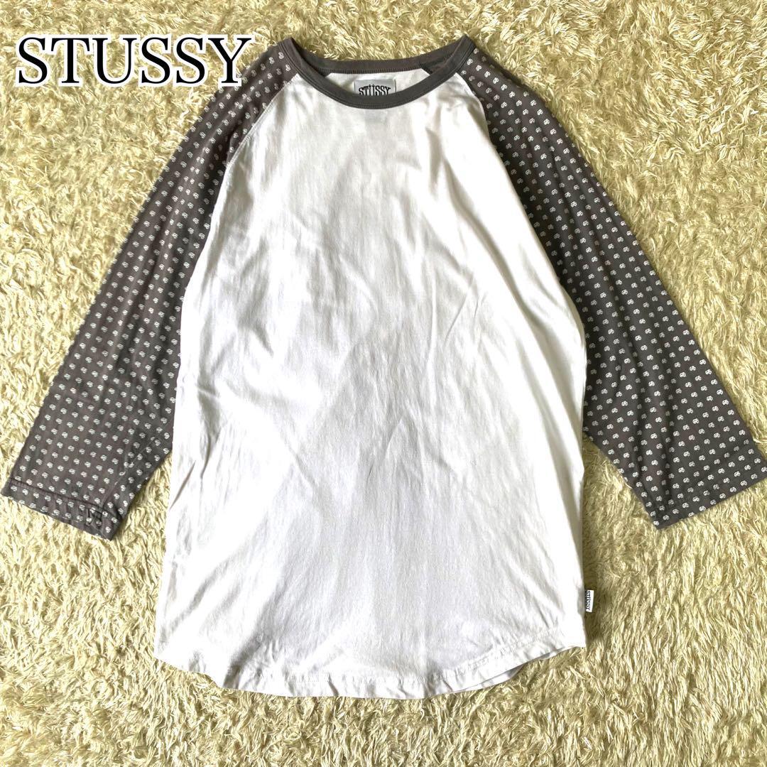 STUSSY ラグラン 7分袖 tシャツ ＄ ドル 総柄 グレー ホワイト L ステューシー _画像1