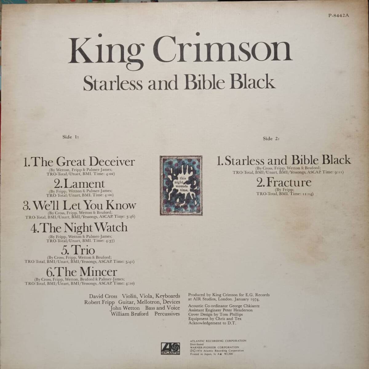 PROMO日本ATLANTIC盤LP帯付き見本盤 白ラベル King Crimson / Starless And Bible Black 1974年 P-8442Aキング・クリムゾン 暗黒の世界 OBI_画像4