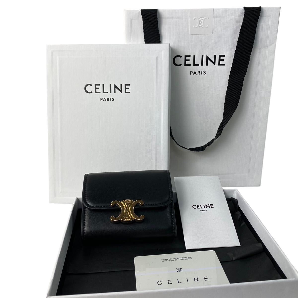 未使用 CELINE セリーヌ トリオンフ シャイニーカーフスキン スモールウォレット 折財布 ブラック×ゴールド 1円スタートの画像1