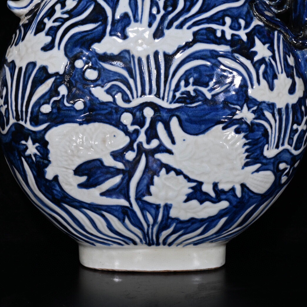古寶奇蔵】元・古陶瓷品・青花・魚藻紋・鳳首扁壺・置物・賞物 古寶奇蔵】元・古陶瓷品・青花・魚藻紋・鳳首扁壺・置物・賞物