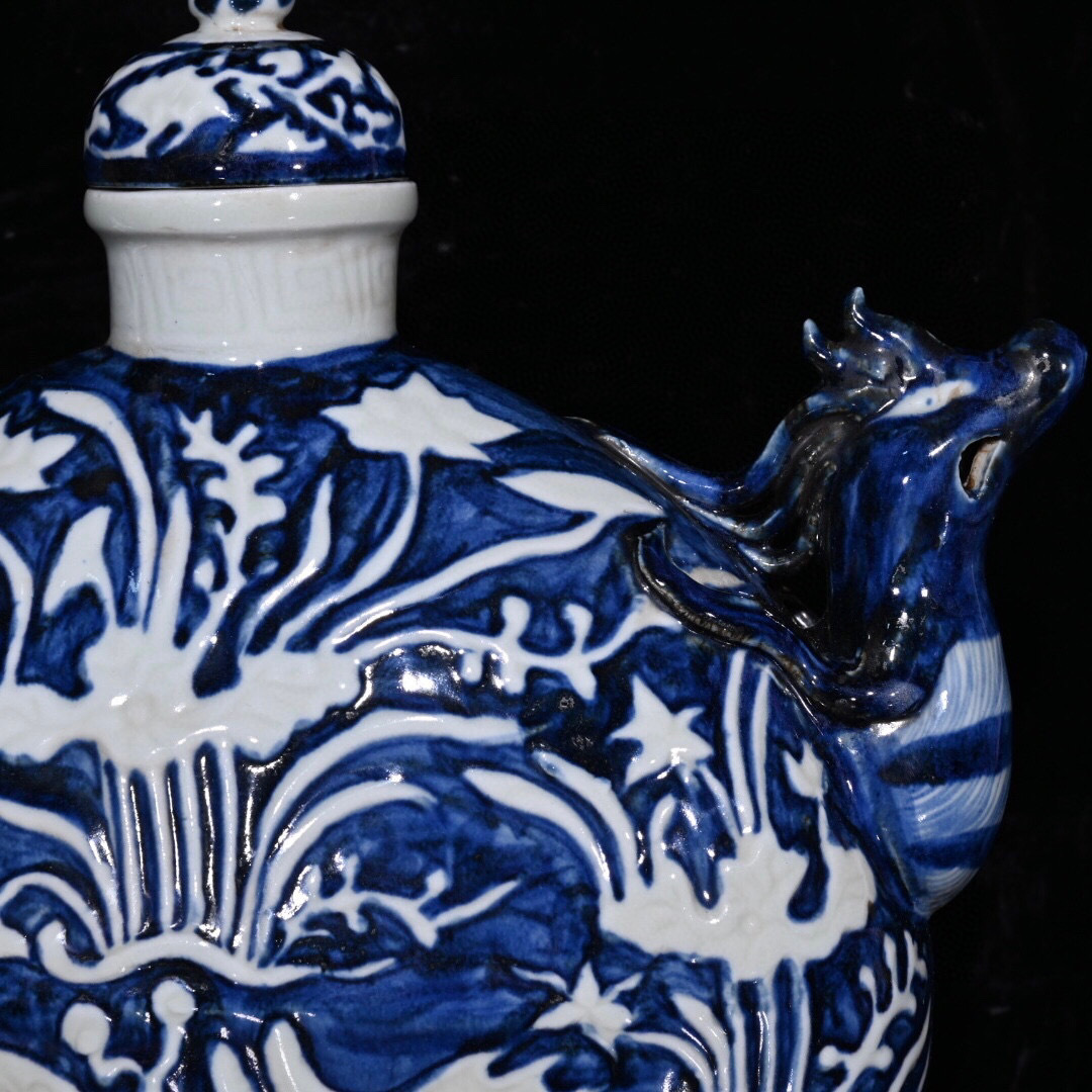古寶奇蔵】元・古陶瓷品・青花・魚藻紋・鳳首扁壺・置物・賞物 古寶奇蔵】元・古陶瓷品・青花・魚藻紋・鳳首扁壺・置物・賞物