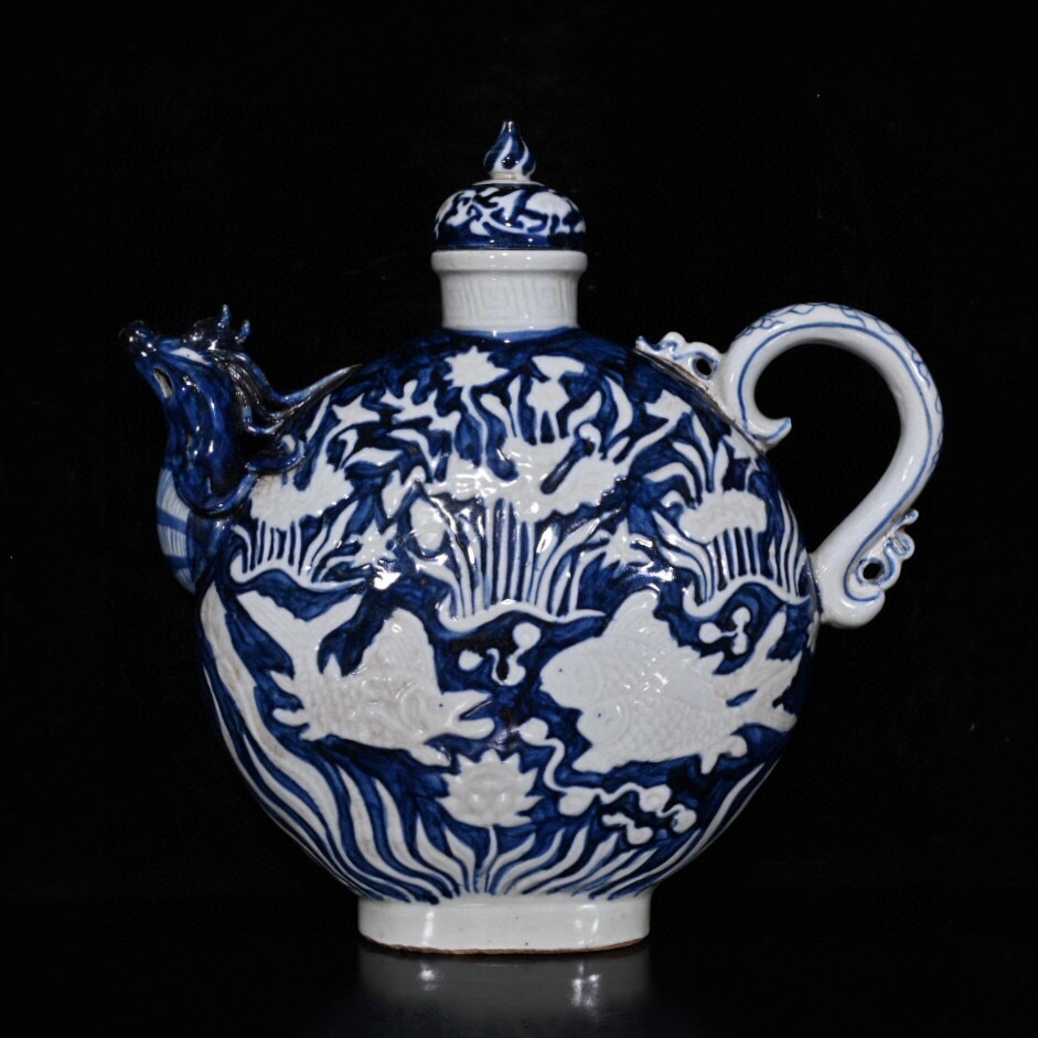 古寶奇蔵】元・古陶瓷品・青花・魚藻紋・鳳首扁壺・置物・ 古寶奇蔵】元・古陶瓷品・青花・魚藻紋・鳳首扁壺・置物・