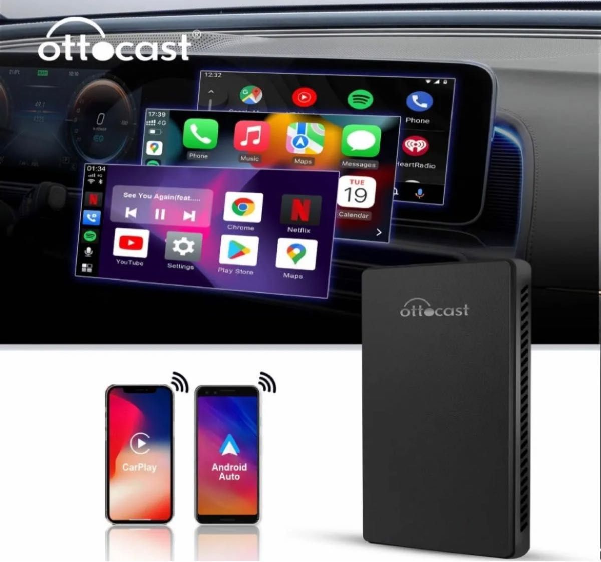 OTTOCAST CarPlay AI Box Android カーオーディオ アダプター 画面２分割表示 