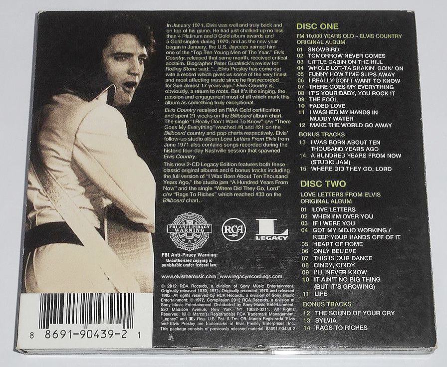 2012年USA盤◎40周年記念盤『Elvis Country ★Legacy Edition★2CD：Elvis Presley』エルヴィス・プレスリー★後年,大評価ナッシュビル録音の画像2