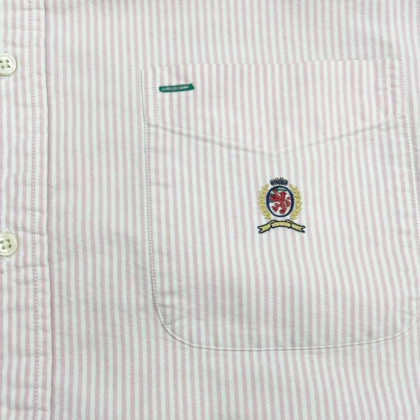 90s TOMMY HILFIGER ボタンダウンシャツ ストライプ L マルチカラー カラフル クレイジー 切替 ロゴ刺繍 トミーヒルフィガー ヴィンテージ_画像3