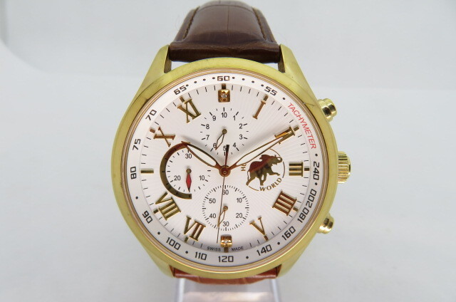 1 jpy ~[ operation goods ]HUNTING WORLD Hunting World men's chronograph wristwatch 950ps.@ limitation Brown leather white face 4-4-7