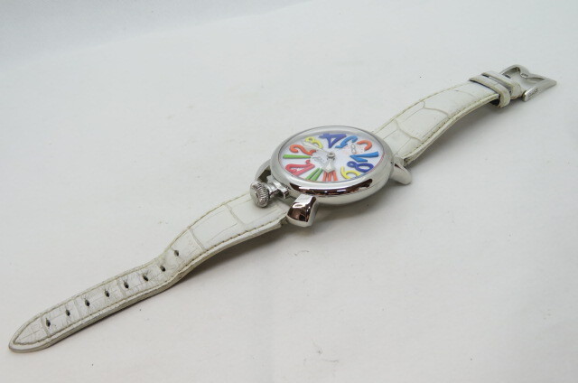 1 jpy ~[ operation goods ]GaGa MILANO GaGa Milano Manualemana-re48 N41652 hand winding wristwatch reverse side ske white belt multicolor index 4-9-8