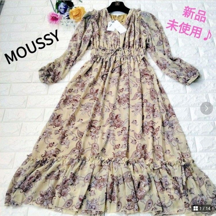 新品未使用　タグ付き　マウジー　MOUSSY　ペイズリー　フレア　ティアード　ロングワンピース　総柄　リボン　Mサイズ