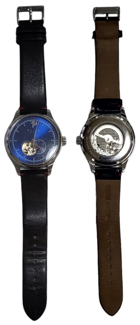 ☆Furbo design Automatic / フルボ デザイン 腕時計 革ベルト アナログ スケルトン 自動巻き 手巻き 文字盤青色 稼働品 メンズ F5030!!_画像6