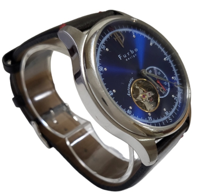 ☆Furbo design Automatic / フルボ デザイン 腕時計 革ベルト アナログ スケルトン 自動巻き 手巻き 文字盤青色 稼働品 メンズ F5030!!_画像4