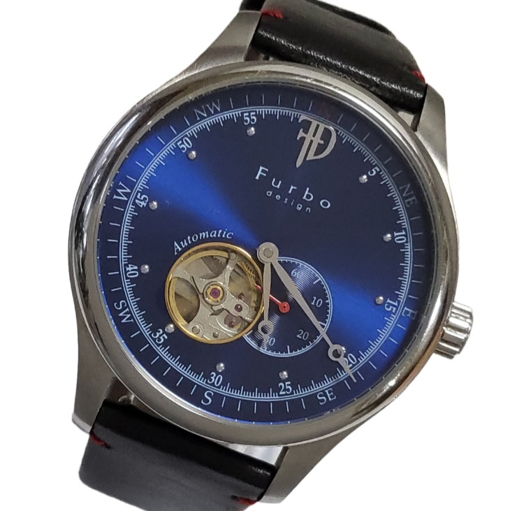 ☆Furbo design Automatic / フルボ デザイン 腕時計 革ベルト アナログ スケルトン 自動巻き 手巻き 文字盤青色 稼働品 メンズ F5030!!_画像1
