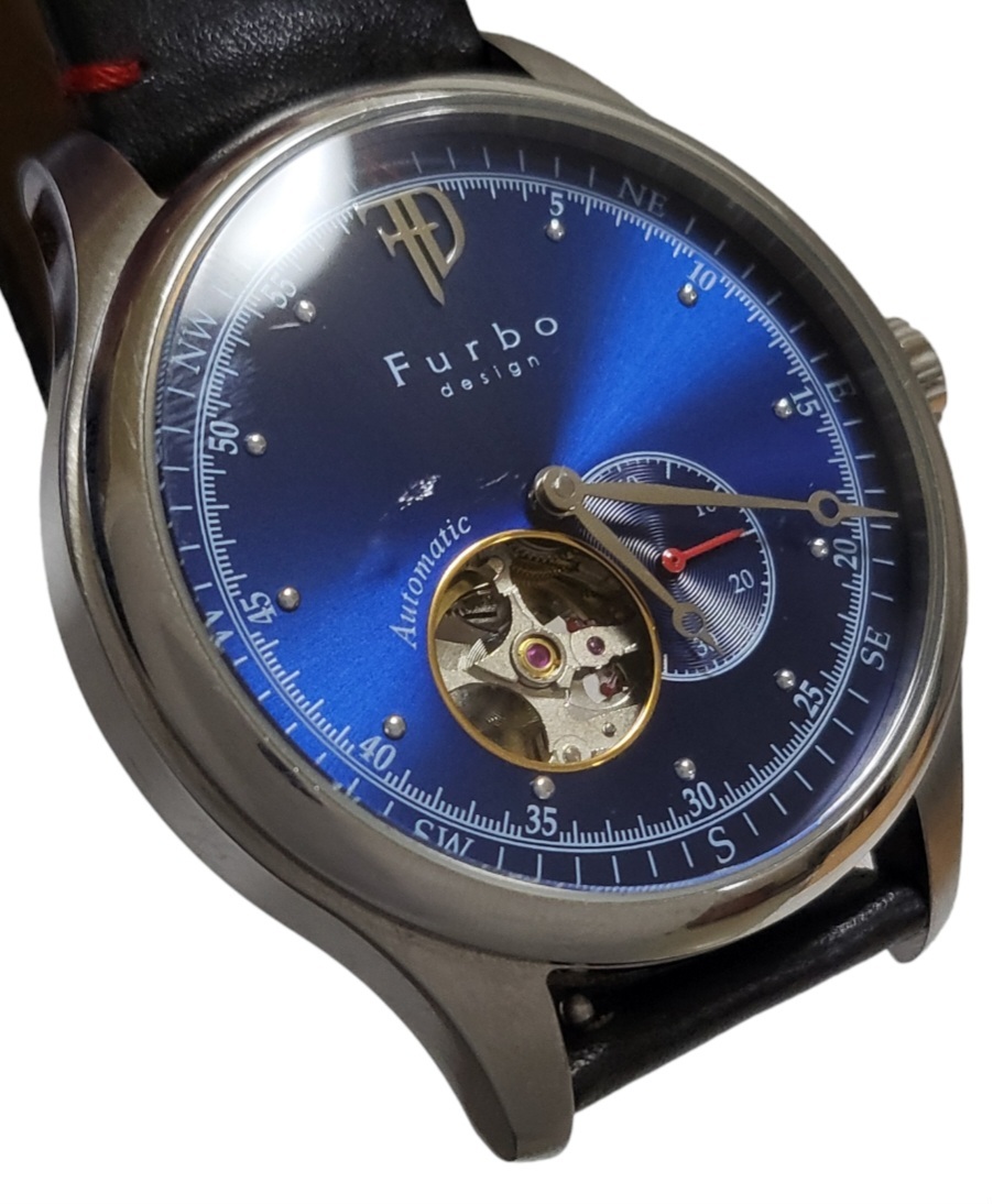 ☆Furbo design Automatic / フルボ デザイン 腕時計 革ベルト アナログ スケルトン 自動巻き 手巻き 文字盤青色 稼働品 メンズ F5030!!_画像9