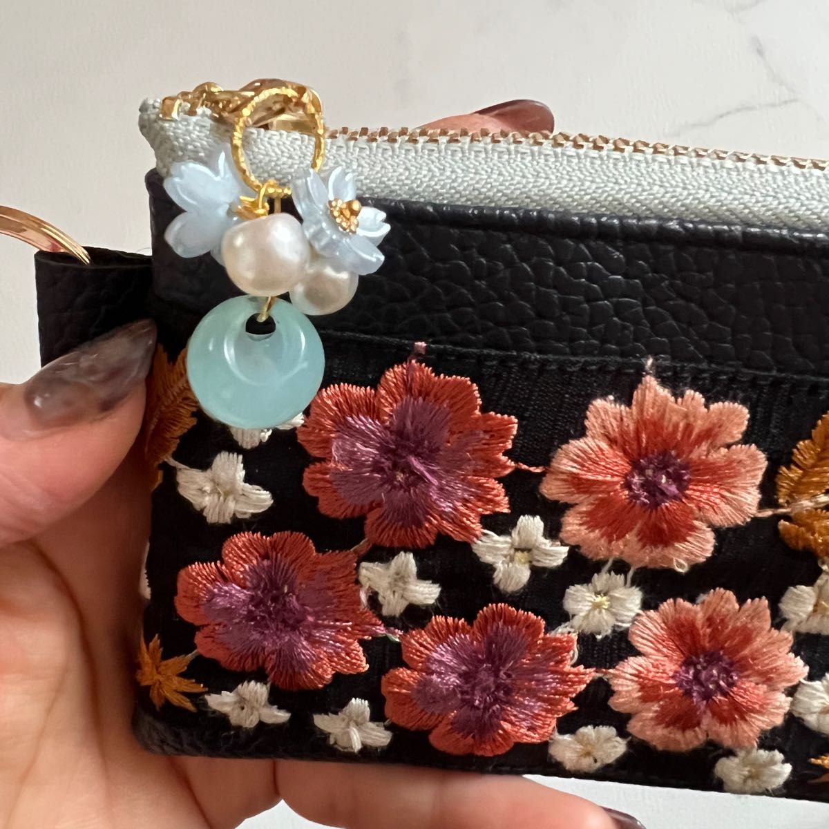 ハンドメイドポーチ ハンドメイド ミニポーチ  小物入れ インド刺繍リボン 刺繍リボン お花パーツ付き 12cmファスナー