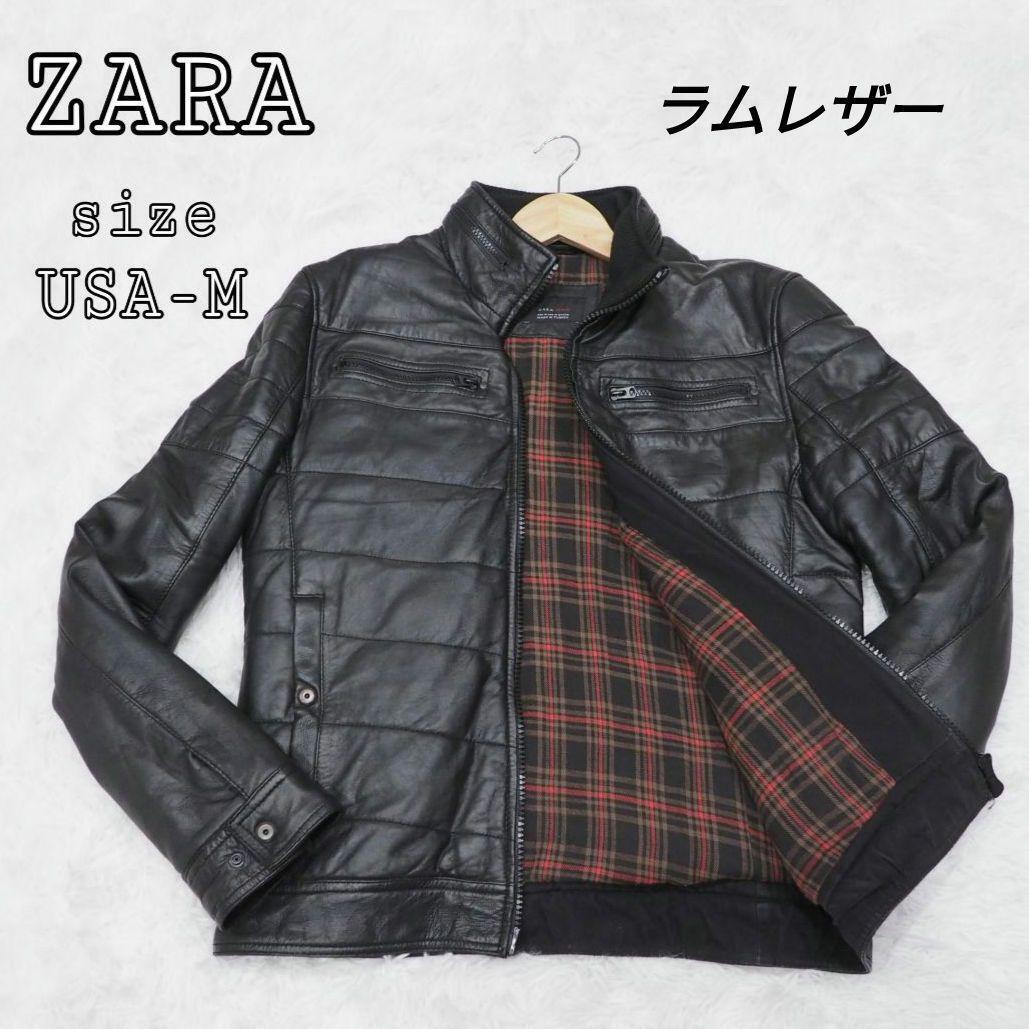 【美品】ZARA ザラ ラムレザージャケット 裏赤チェック シングルライダース 2way USA-Mサイズ L相当 黒ブラック 羊革 本革 ブルゾン_画像1