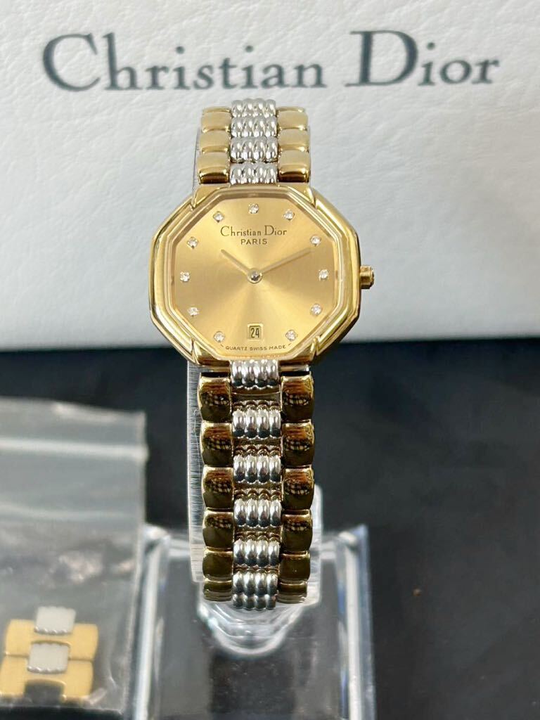 超美品 Christian Dior クリスチャンディオール D48-133-1 ダイヤ11P ゴールド クォーツ レディース腕時計 箱 駒 ギャランティー 付 稼働品の画像1