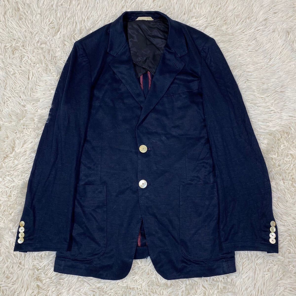  Paul Smith коллекция linen100% L размер tailored jacket ракушка кнопка темно-синий трубчатая обводка лен ..2B PaulSmith collection