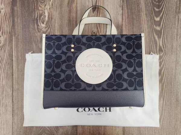 コーチ COACH 2WAY トートバッグ レディースバッグ ジャガード+レザー ブルー×ホワイト レディース 保存袋付き 新品未使用_画像1