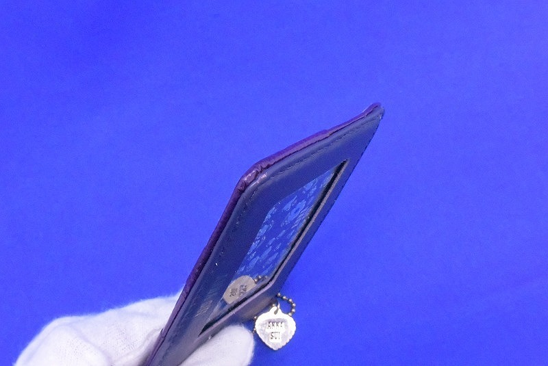 アナスイ ANNA　SUI 可愛いハートチャーム付きパスケース 定期入れ 便利なフラット薄型カードホルダー 通勤通学 紫パープル_画像9