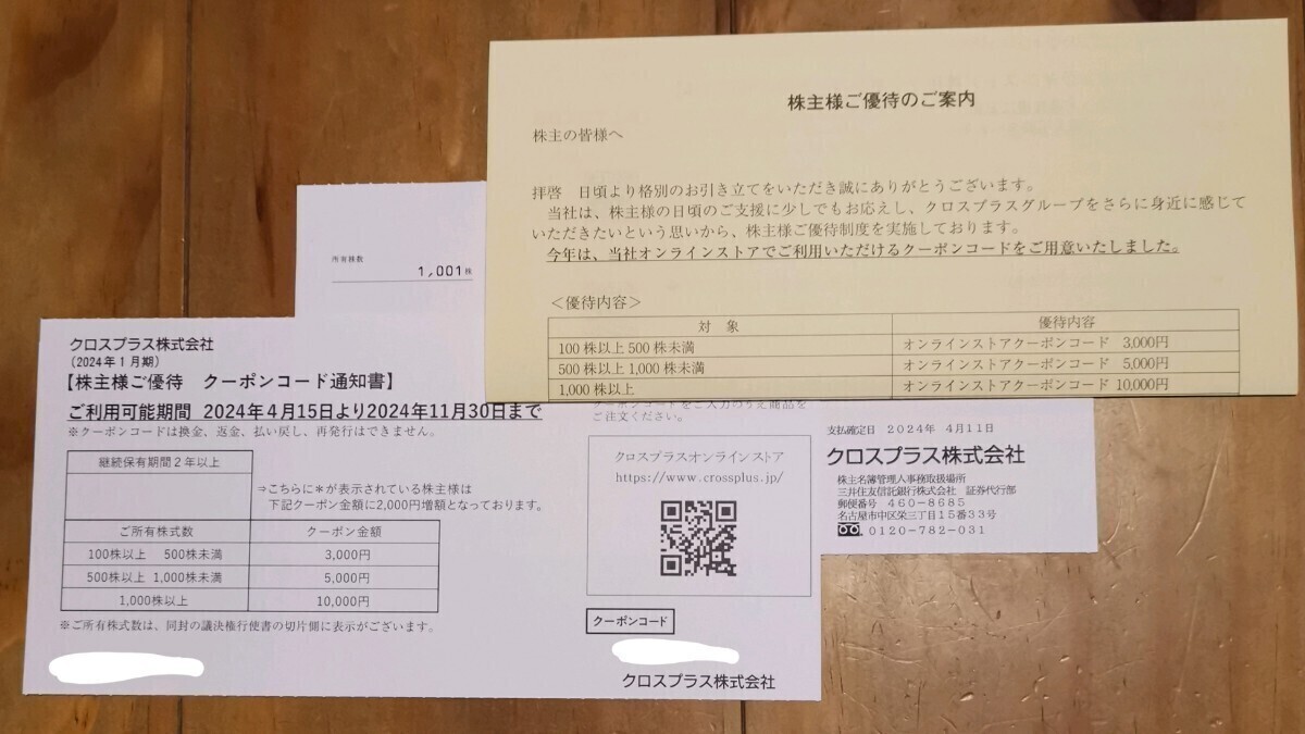 [匿名配送] クロスプラス 株主優待 10,000円分 〜2024.11.30の画像1