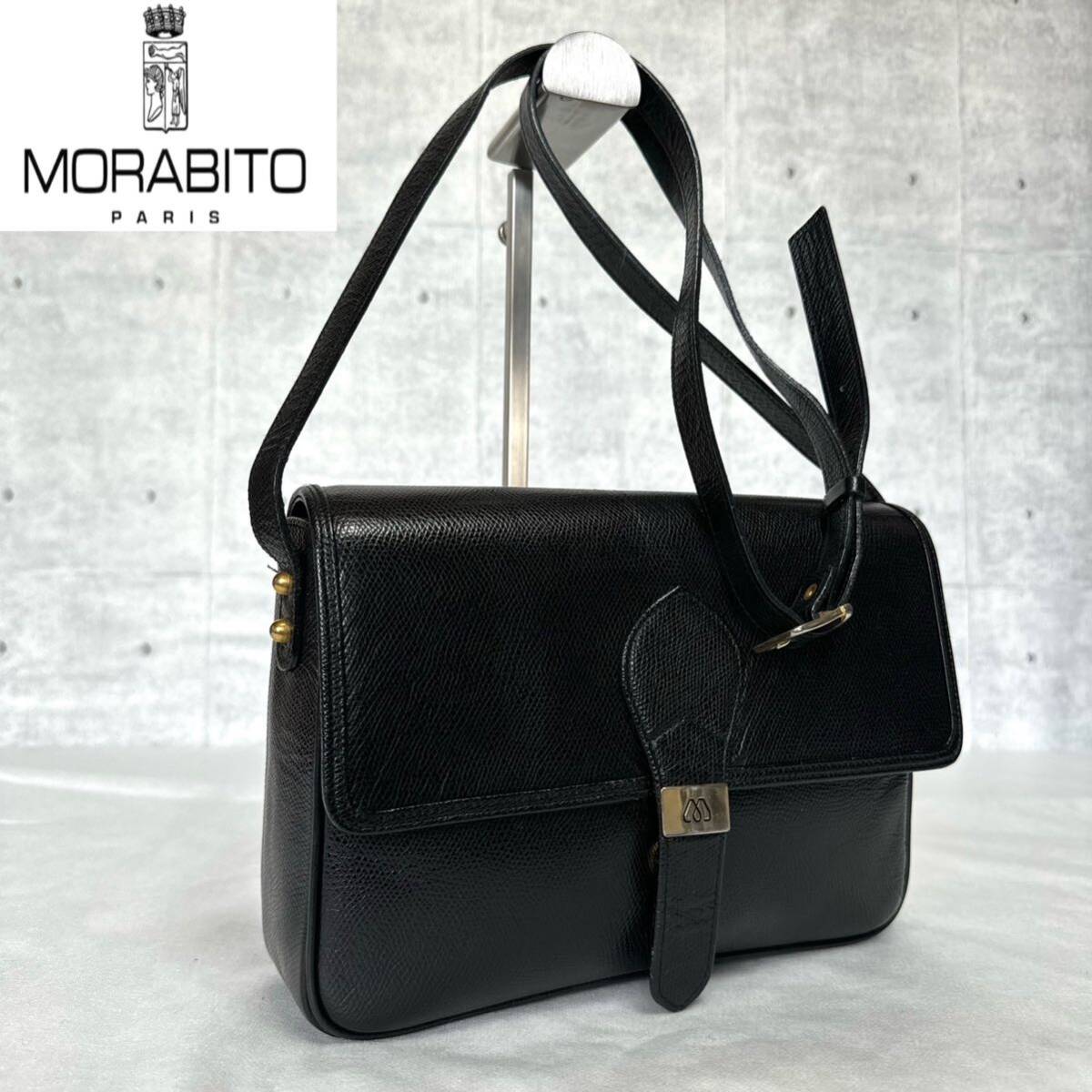 MORABITO BLACK ブラック レザー モラビト ゴールドロゴ金具 黒 斜め掛け可能 ショルダーバッグ ハンドバッグ トートバッグ_画像3