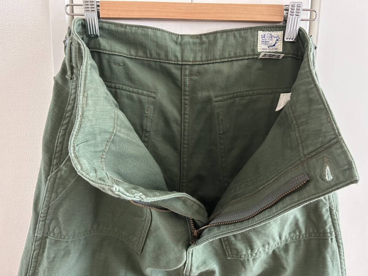 オアスロウ or Slow 軍物ベイカーパンツ風ロングスカート サイズM表記 グリーン系 程度良好 綿100％ 日本製 (有)ベースデニムプロダクツの画像4