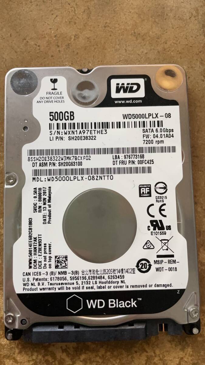 WD5000LPLX 20340時間 2.5インチ 500GB 7200rpm 7mm厚 送料込み価格で安心。_画像1