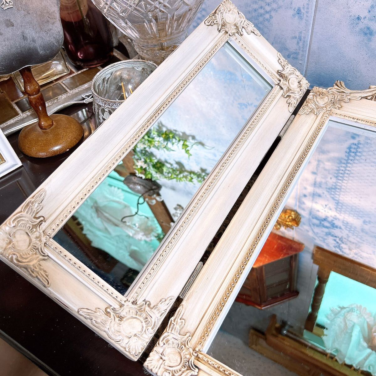  античный . часть магазин стильный зеркало три поверхность зеркало White(No.1) складной тип . зеркало # интерьер декортивный элемент # туалетный столик зеркало # стол зеркало # магазин инвентарь 
