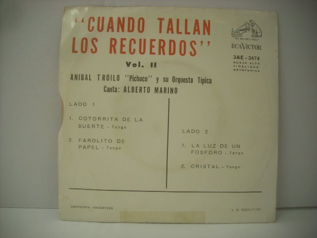 ■ 7インチ 　ANIBAL TROILO アニバル・トロイロ / CUANDO TALLAN LOS RECUERDOS VOL. 2 アルゼンチン盤 RCA VICTOR 3AE-3474 ◇r60419_画像2