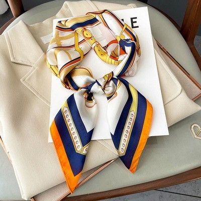 ～ スカーフ2枚セット  70×70  ブルー＆オレンジ  シルク風 ～