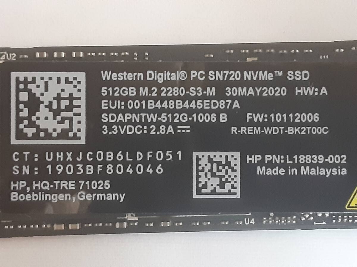 Western Digital製中古 M.2 SSD / サイズ：2280 / 512GB / PC SN720 SDAPNTW-512G-1006 / 77時間使用_画像3