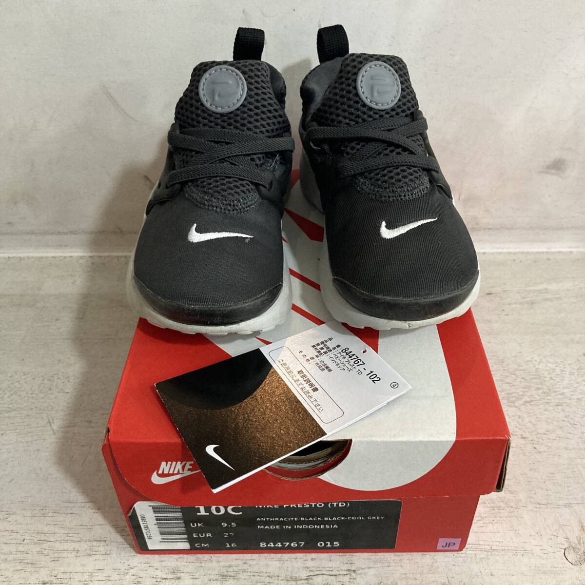 NIKE PRESTO TD 844767-015 ANTHRACITE／BLACK-BLACK-COOL GREY 10C 16cm USED ナイキ プレスト アンスラサイト ベビーシューズ_画像1