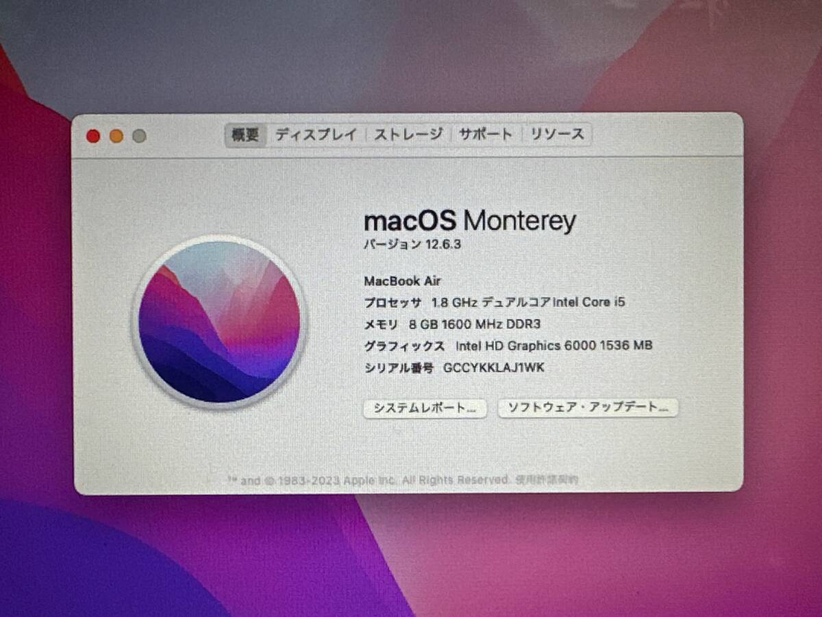 【動作OK♪】MacBook Air 2017(A1466)[Core i5(5350U)1.8Ghz/RAM:8GB/SSD:12856GB/13インチ]Monterey インストール済 動作品_画像7