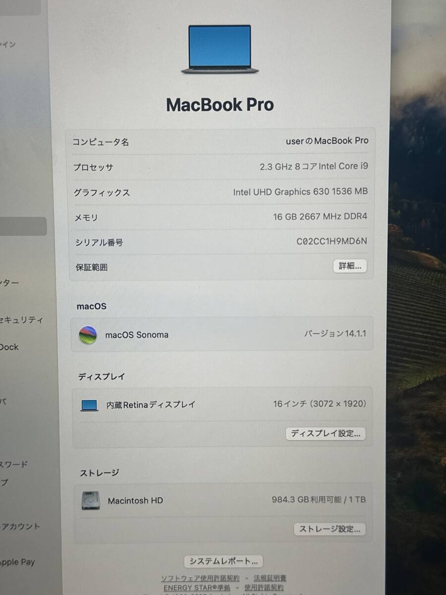 【動作OK品♪】Apple MacBook Pro 2019[Core i9 9880H 2.3GHz/RAM:16GB/SSD:1024GB/15.4インチ]MacOS Sonoma スペースグレー 動作品の画像7