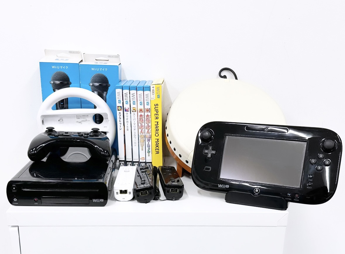 100円～◎NINTENDO 任天堂 ニンテンドー WiiU 本体 wii U 黒 32GB WUP-101 初期化 wiiリモコン コントローラー 太鼓 wiiUソフト マイク_画像1