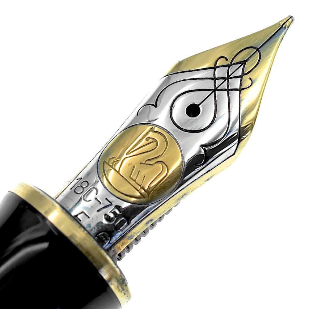 ペリカン スーベレーン ペン先 18C-750 F 刻印 ブルーストライプ 吸引式 万年筆 ブラック×ゴールド_画像4