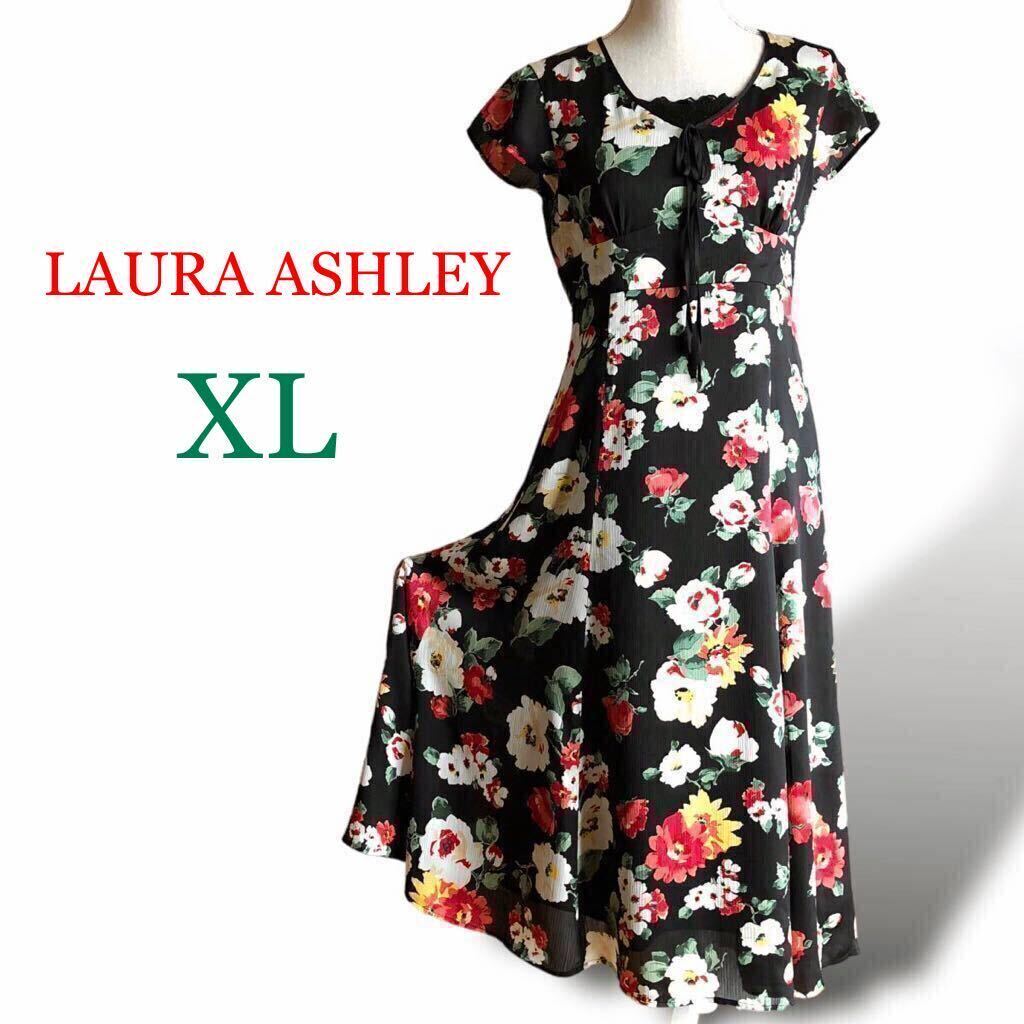 LAURA ASHLEY ローラアシュレイ 花柄 ロング ワンピース 半袖 マキシ 胸元レース リボン フレア 13号大きいサイズ XL LLブラック レッド _画像1