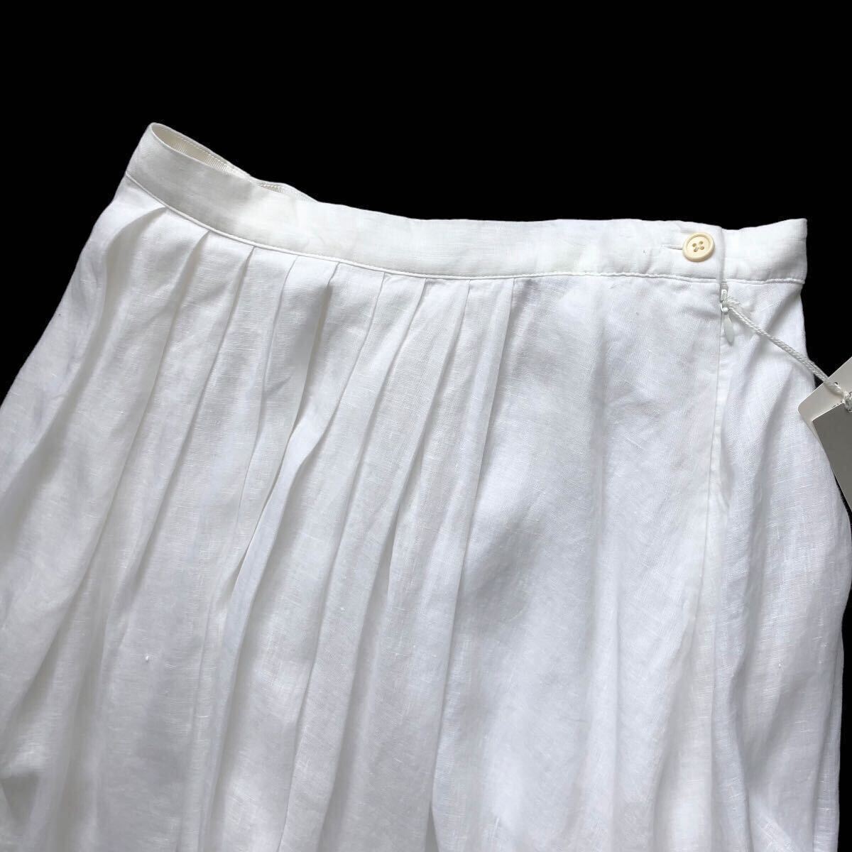 新品 MARGARET HOWELL マーガレットハウエル リネン100% ギャザータックフレア プリーツスカート 麻 膝丈 Lサイズ3 タグ付き 白ホワイト